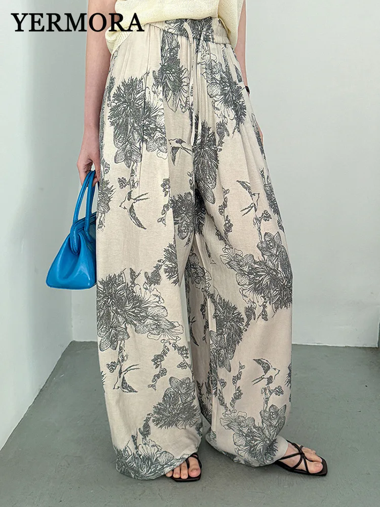 

YERMORA High Elastic Waist Beige Printed Drawstring Thin Wide Leg Pants Loose New Women's Trousers Fashion Spring Summer 2025