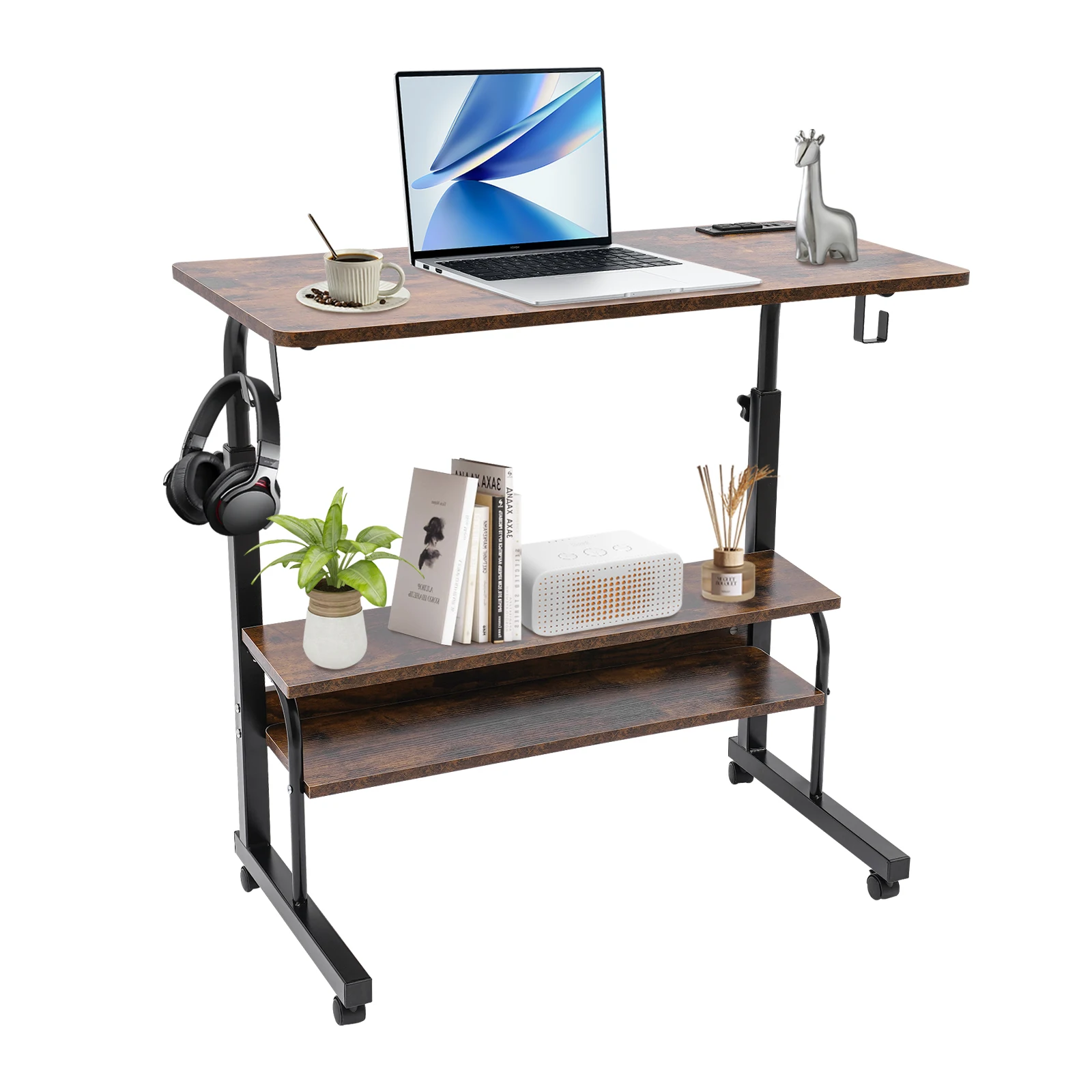 Height Adjustable Standing Desk 3 Tiers Rolling Computer Desk 31.5×15.7 in Portable Laptop Table with Power Outlets & USB Ports