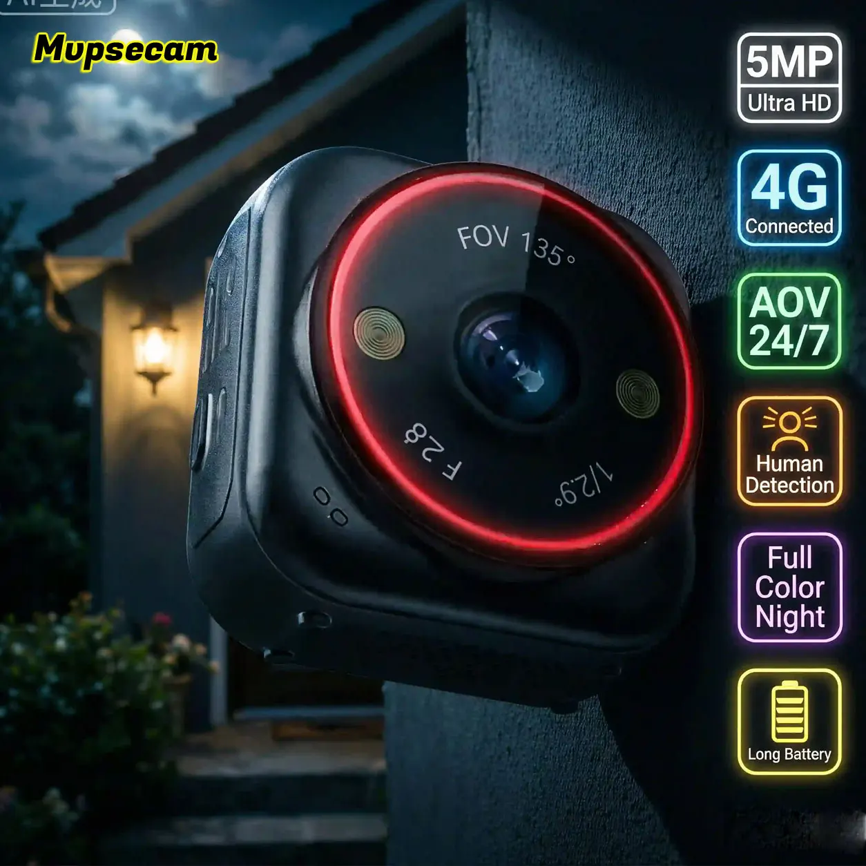 5MP Mini AOV 4G Kamera mit Magnetbefestigung, Farbnachtsicht, KI-Menschenerkennung, 24-Stunden-Aufzeichnungssystem für Zuhause und Haustiere im Freien