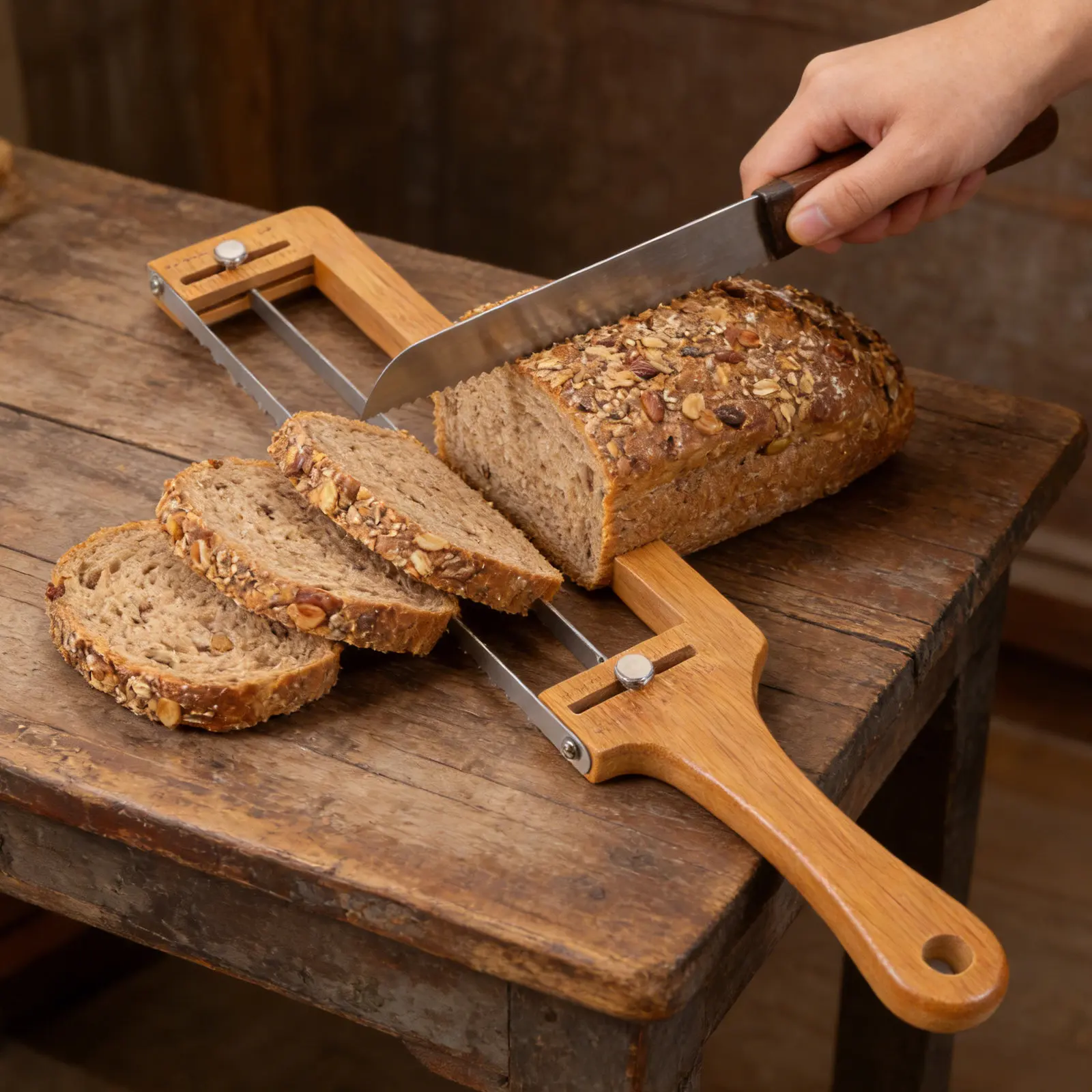 Bamboo Adjustable Bread Slicer Bread Knife with Thickness Guide Ergonomic Handle Manual Cutter for Sourdough Rye Baguette