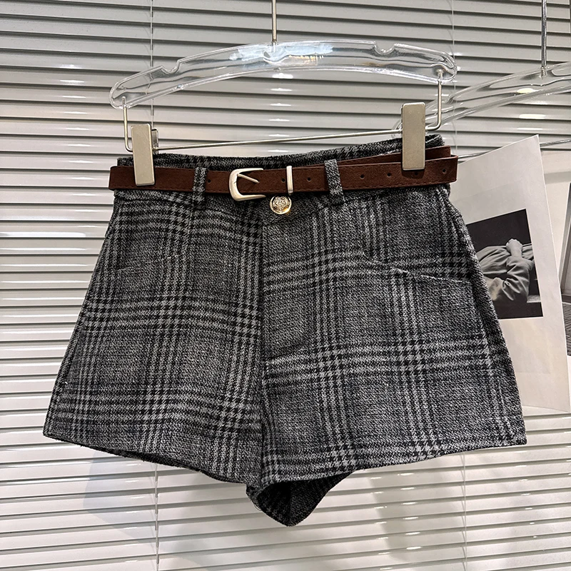 2025 outono inverno novo retro xadrez cor bloqueando casual com cinto moda versátil shorts botas calças para mulher
