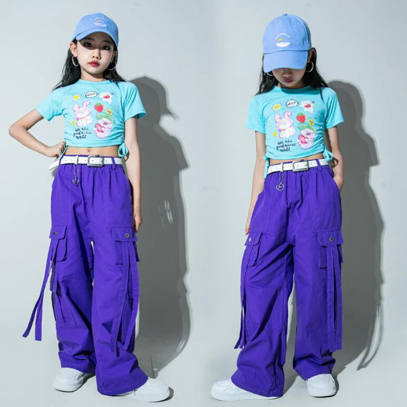 Girls Streetwear Jazz Clothing Crop Tank Tops Vshirt Purple Hip Hop Joggers Pants for Teenage Show Dance Costume Kids Clothes