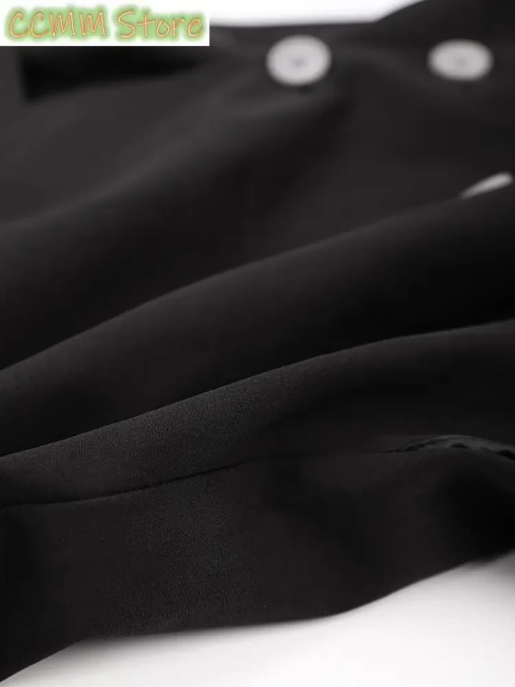 Women Black Color-Block Buttontrench New Lapel Long Sleeve Loose Fit Windbreaker Fashion Tide Spring Autumn