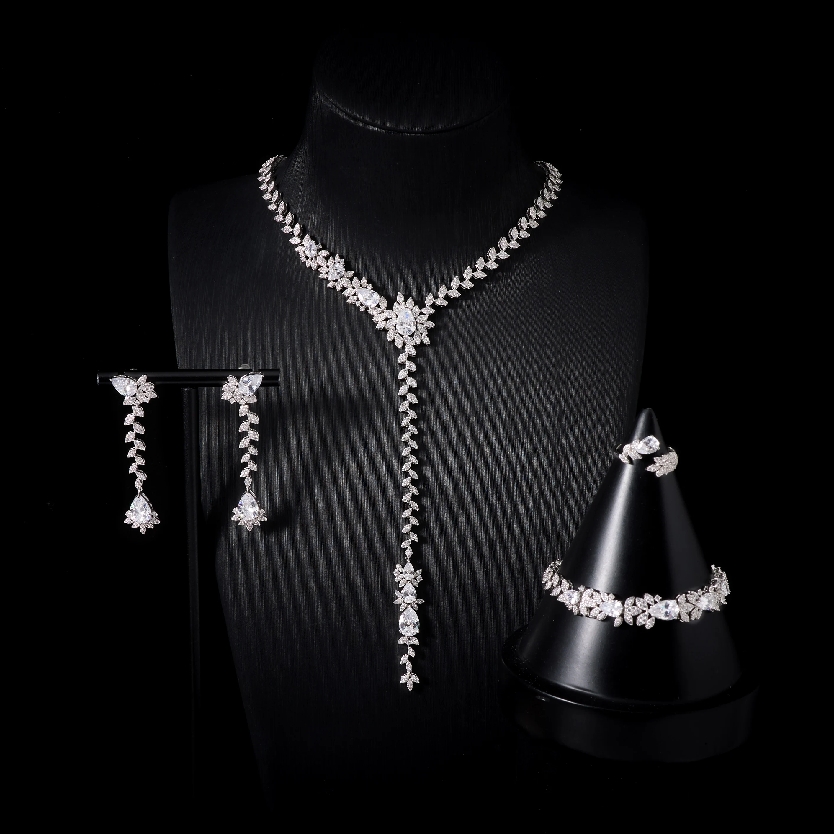 In JEWELIFE  4pcs Pink Cubic Zirconia Jewelry Set | Y-Shaped Lariat Necklace Drop Earrings Bracelet Ring for Wedding Bridesmaid