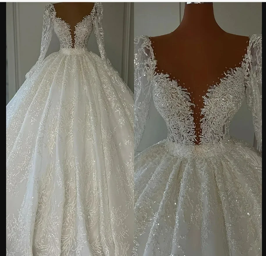 Vestidos De Novia con cuello transparente personalizado, cuentas brillantes, lentejuelas, vestido De Novia De manga larga, Vestidos De Novia Vintage