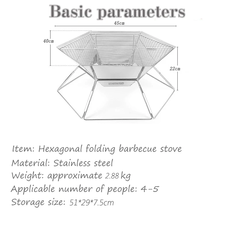 Outdoor Folding Stainless Steel Grill Barbecue Rack Detachable Charcoal Stove BBQ Grill Lightweight Brazier Foldable Hibachi