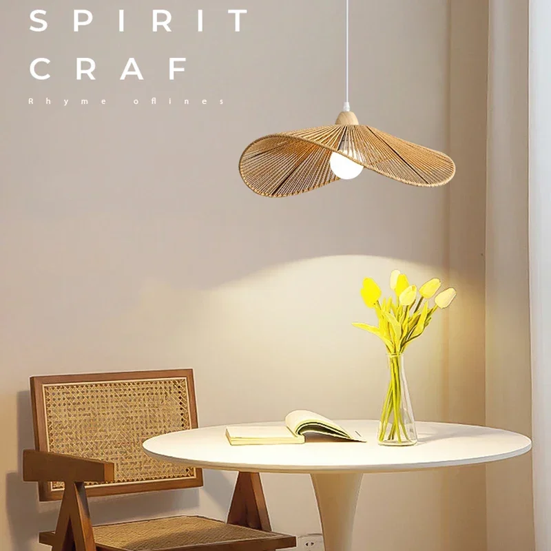 Hand-woven Braided Rope Pendant Light for Restaurant Living Room LED Hat Hanging Lamps Japanese Wood Chandelier Dining Table