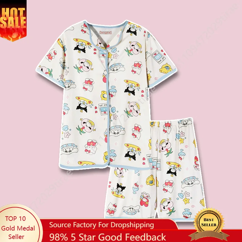 

Sanrio Japanese Sweet Cartoon Pajamas for Women Summer New Short Sleeve Shorts Set Energetic Girl Loungewear