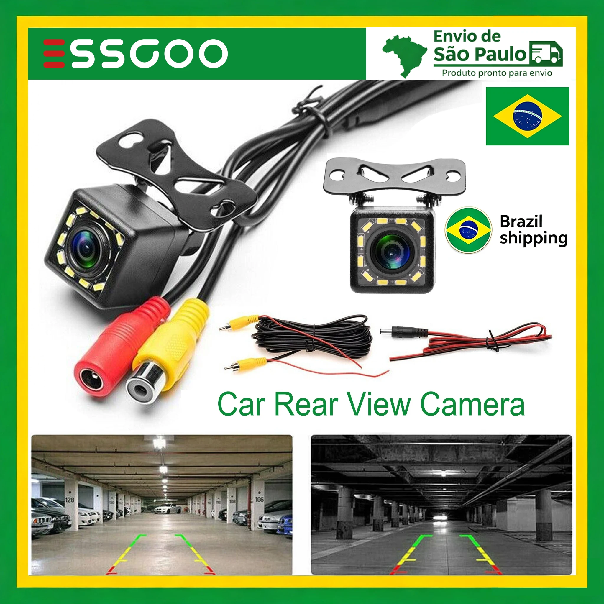 Câmera de Ré Universal ESSGOO para Carro com Visão Noturna LED, Câmera de Estacionamento à Prova d'Água IP68 170° °   Imagem Colorida HD Ampla