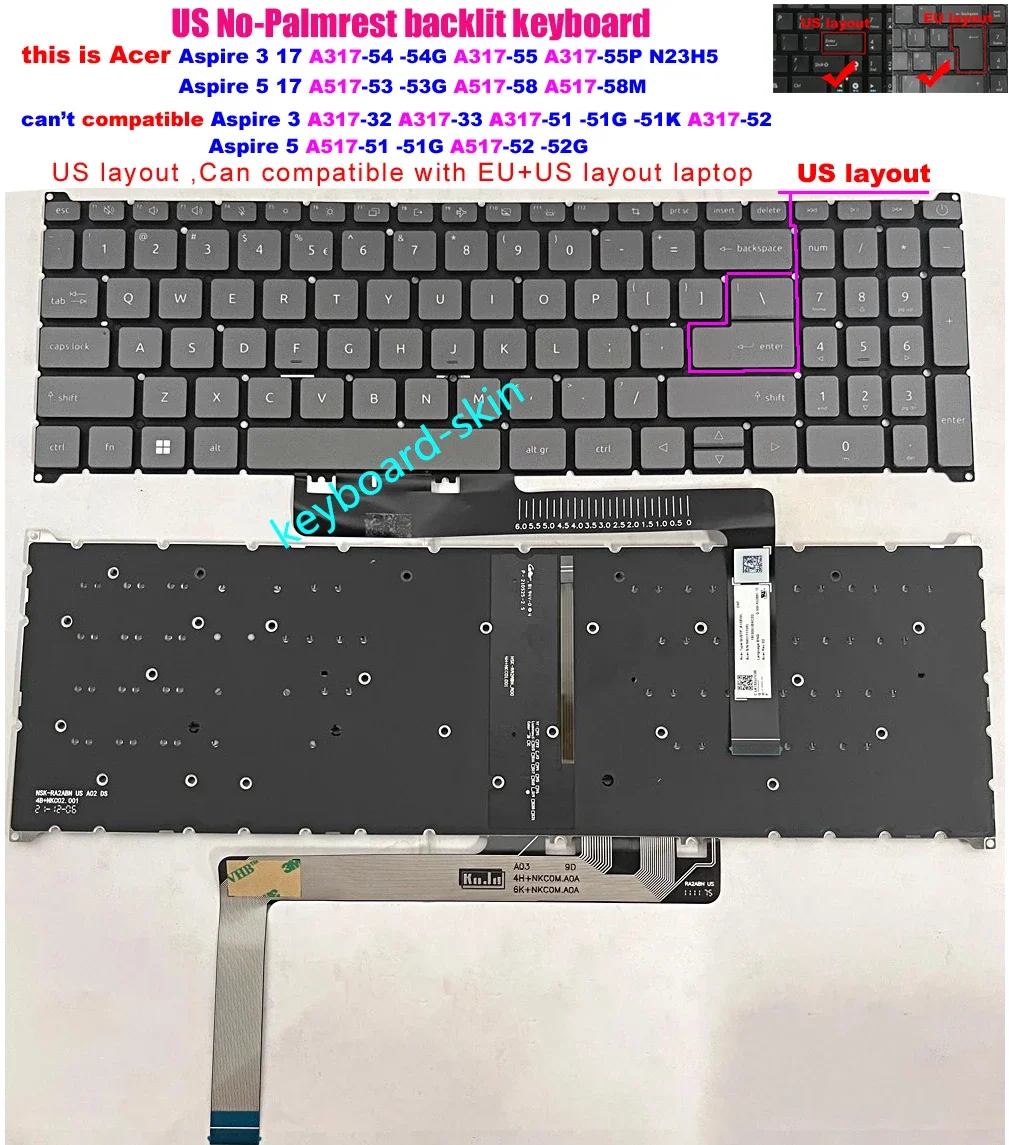 New US backlit Keyboard for Acer Aspire 3 17 A317-54 A317-54G,A317-55 A317-55P N23H5 A517-53 A517-53G,A517-58 A517-58M laptop