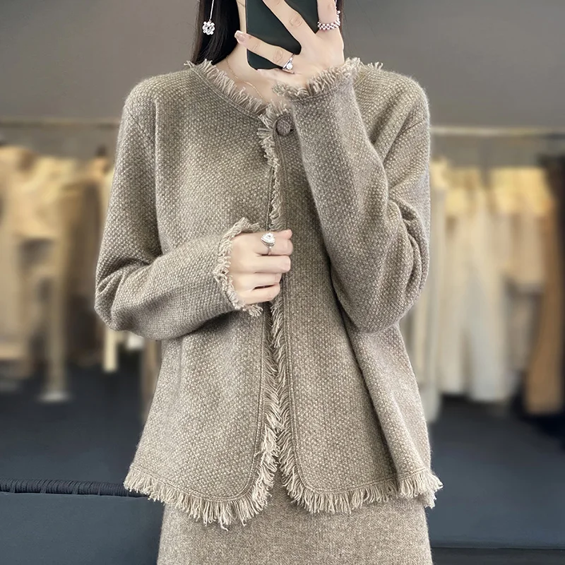 Autumn and winter new 100% wool sheep knitted coat one button cashmere cardigan female tassel solid color blouse loose and slim