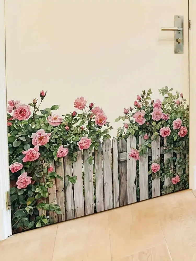 Autocollant mural de clôture en bois floral bohème – Autocollant auto-adhésif en PVC amovible avec roses roses et feuillage vert, idéal pour la vie