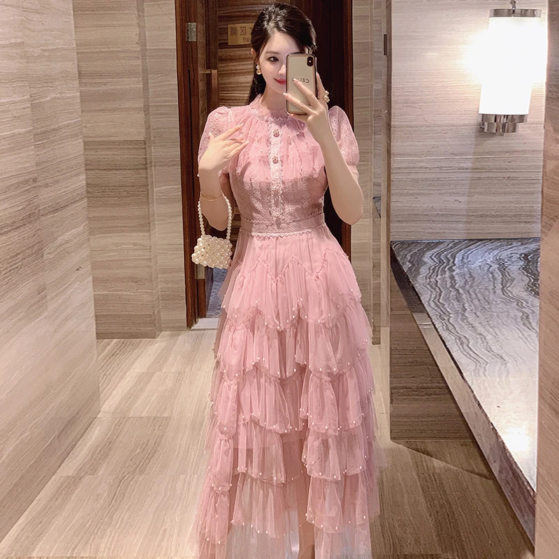 Fashion Sweet Pink Pearls Beading Cake Ruffles Party Long Dress French Summer Lace Mesh Patchwork Puff Sleeve Hollow Out Vestido