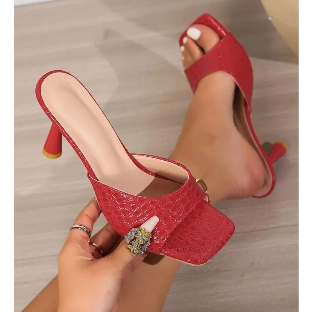 Women High Heels Slippers  Summer New Fashion Square Toe Flip Flops Sandals Design Open Toe Slingback Slides Female Pumps