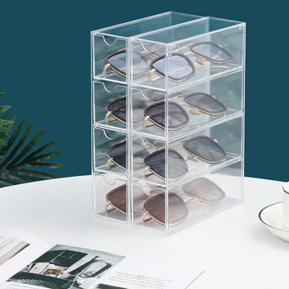 

Sunglasses Case Storage Box with 4 Clear Divided Drawers for Glasses Cosmetic Tabletop Display Organizer Holder Use Horizontall