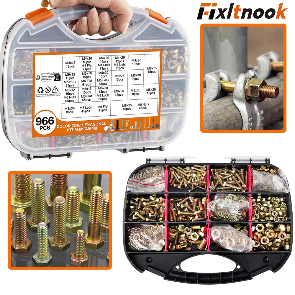 

966-Piece Screw and Nut Set, Heavy-Duty Hex Bolts, Nuts, and Washers in M4, M5, M6, and M8 Sizes, Alloy Steel Hardware Screw Set (Includes Storage Box)