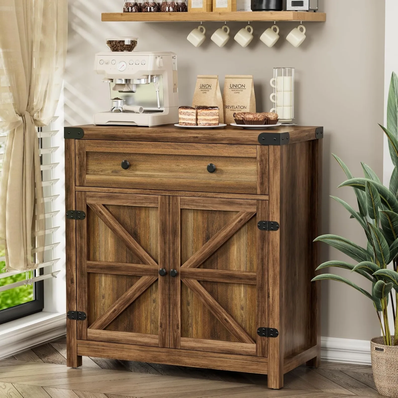 US Coffee Bar and Accent Cabinet, Farmhouse Barn Door Buffet Sideboard with Drawer and Adjustable Shelf,Wide Desktop for Kitchen