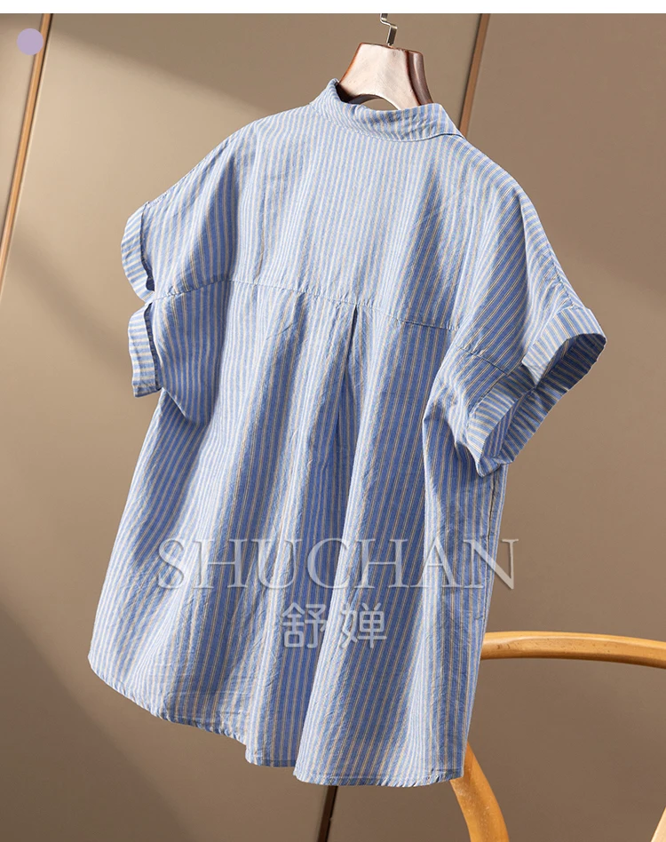 High-quality Cabinet 60 Cotton Striped Short-sleeved Shirt Women's 9W83  Blusas Mujer De Moda 2025 Verano