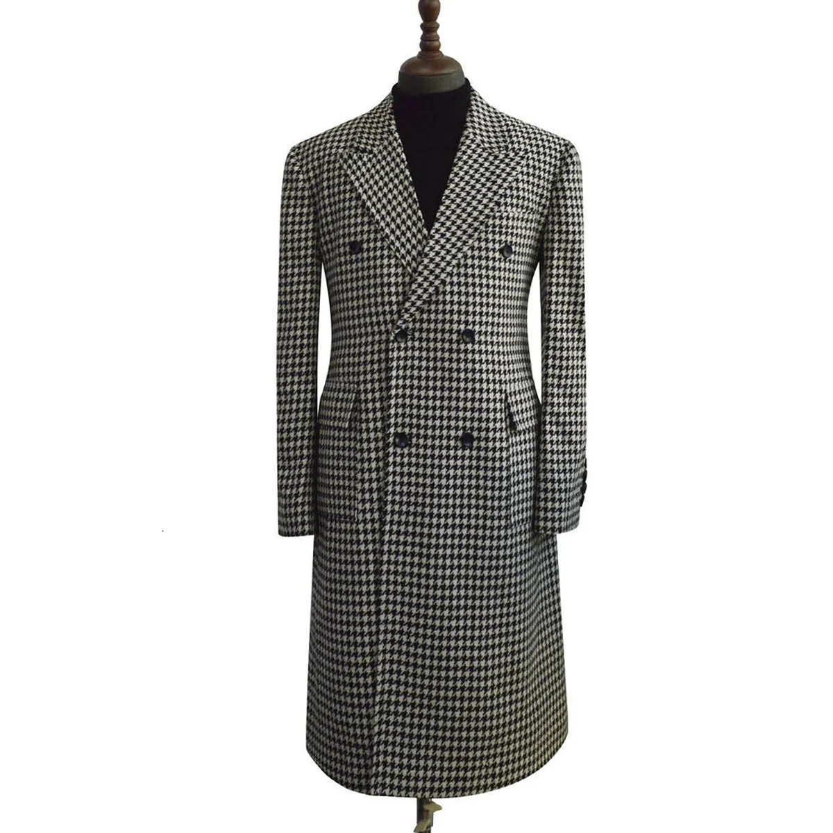 Houndstooth Woolen Overcoat For Men Double Breasted Trench Coat Plus Size Customized Formal Casual Outwear Thick Winter Jacket