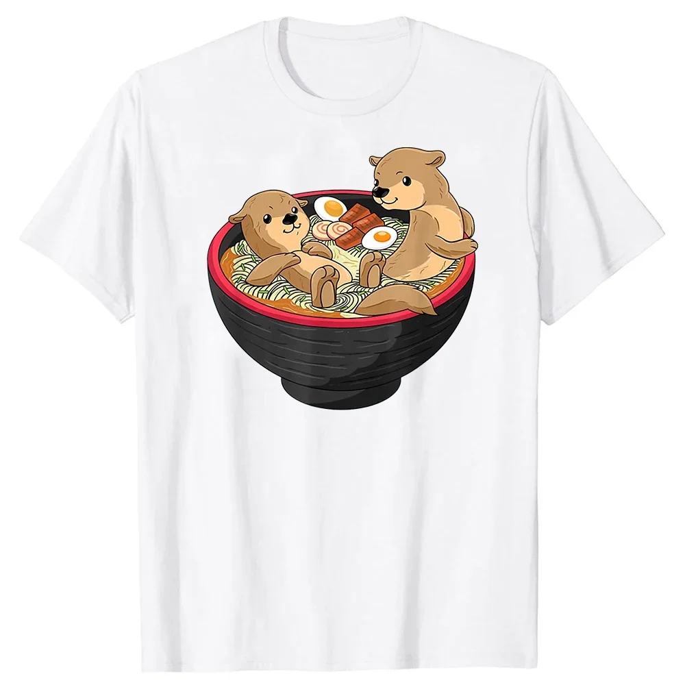 Funny Otter Japanese Ramen Noodles T Shirts Graphic Streetwear Short Sleeve Gifts Summer Otters Lover T-shirt Women Personality