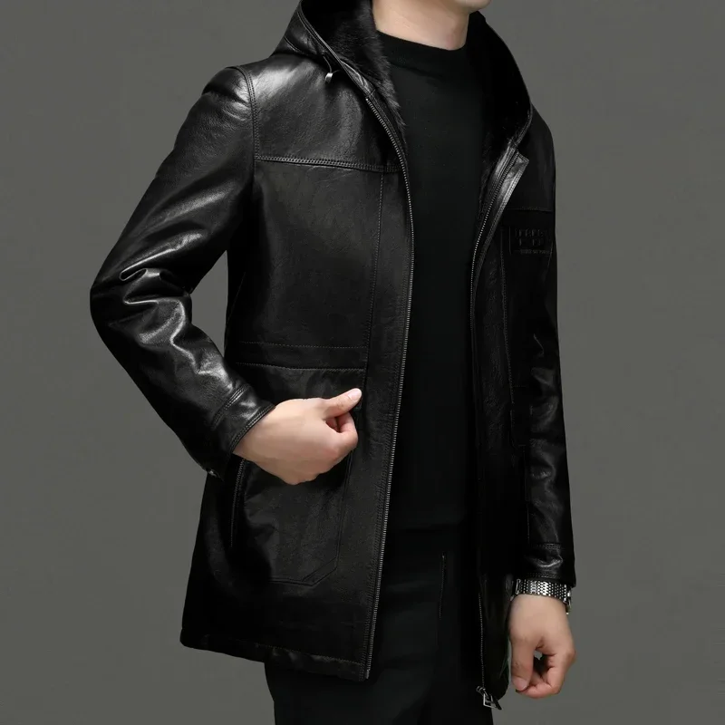 Autumn Winter New Boutique Men Slim Trend Italian Style Fashion Solid Color Casual Leather Jacket Hooded Jacket Sheepskin Coat