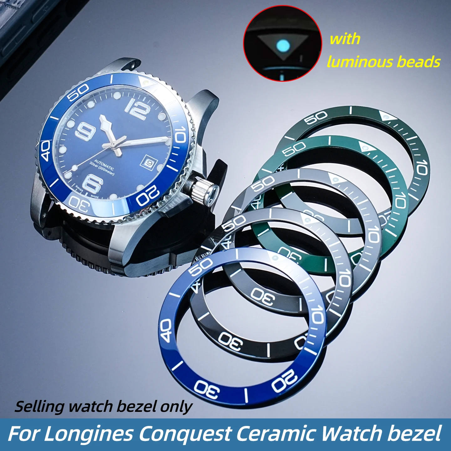 Ceramic Bezel With Luminous Bead For Longines Conquest Hydroconquest 39*31.2 Or 40.6*32. 4mm Black Green Blue Bezel Insert Ring view 2