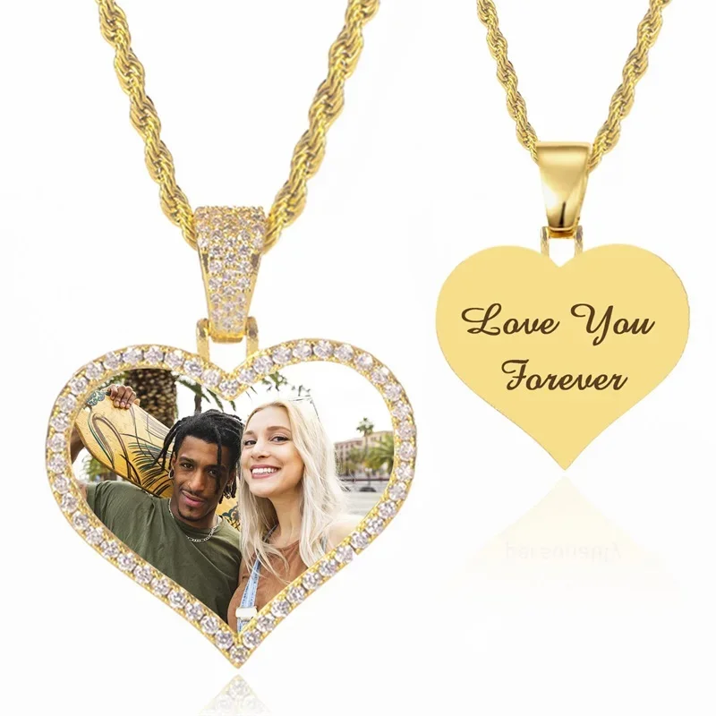 

Custom Picture Necklace Customized Photo Pendant Heart Necklaces Hip Hop Chain Pictures Personalized Gift for Dad Men Women
