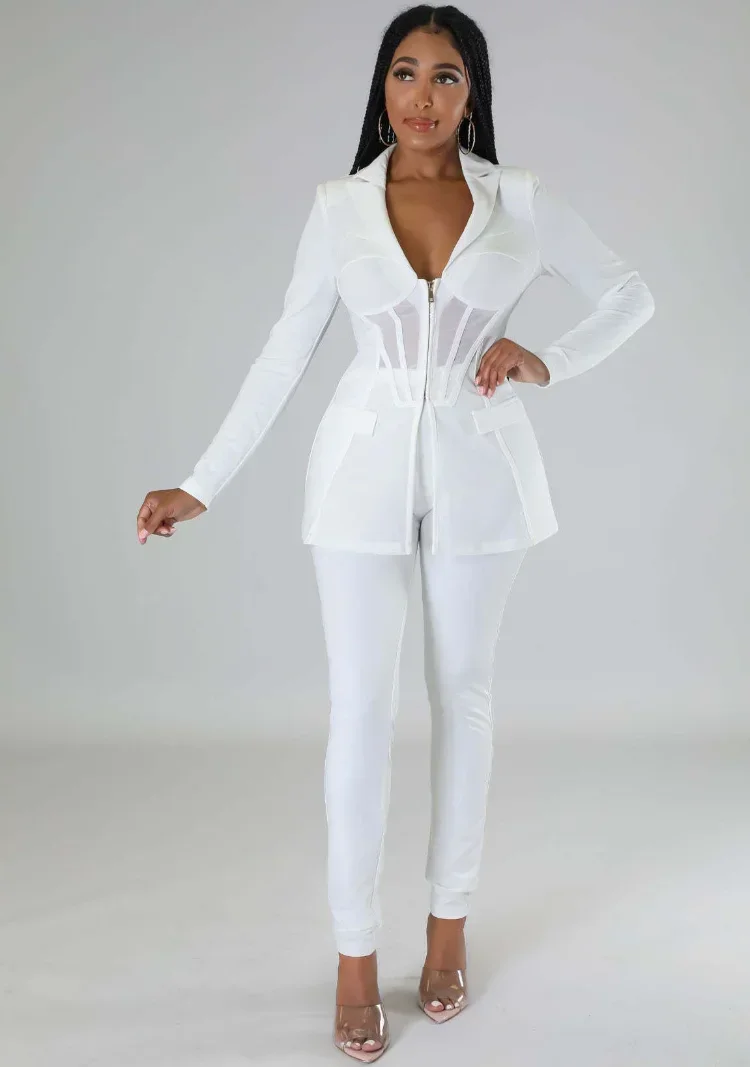 

GUWU Autumn Winter Sexy Sheer Mesh Patchwork Suits Long Sleeve Zipper Corset Blazer Coat Top + Pants Two Piece Set High Street