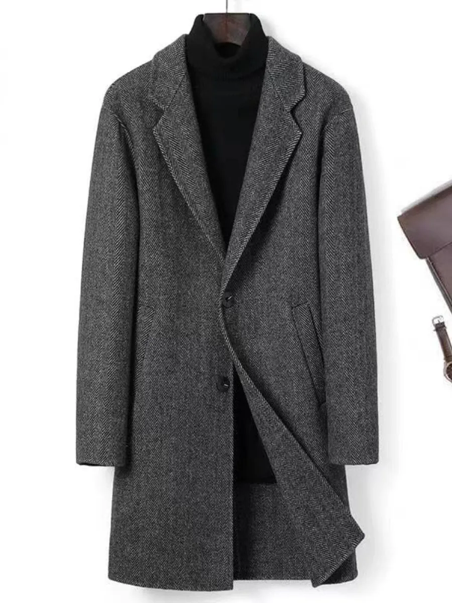 

Мужское двубортное пальто из мягкого твида с узором в британском стиле, приталенное, зимнее, деловое, повседневное, длинное