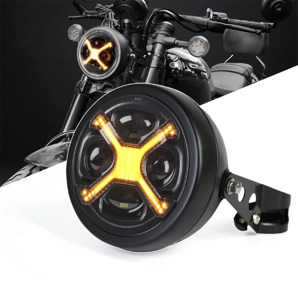 

5.75 Inch Universal X-Type LED Motorcycle Headlight with Housing & Lens, Amber X DRL, High/Low Beam, IP67 Waterproof Lighting Sy