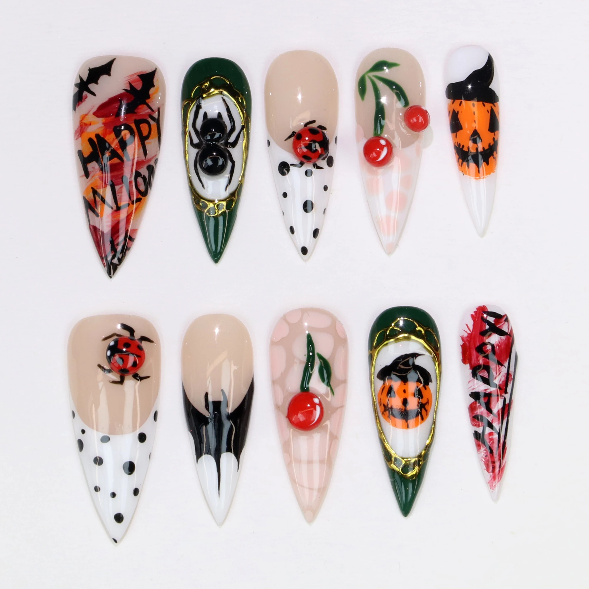 

10 шт. 3Dl ручной работы для маникюра на ногтях, акриловая накладная пилочка для ногтей с ручной росписью, индивидуальный дизайн, набор клейких пилочек для ногтей ко Дню всех святых