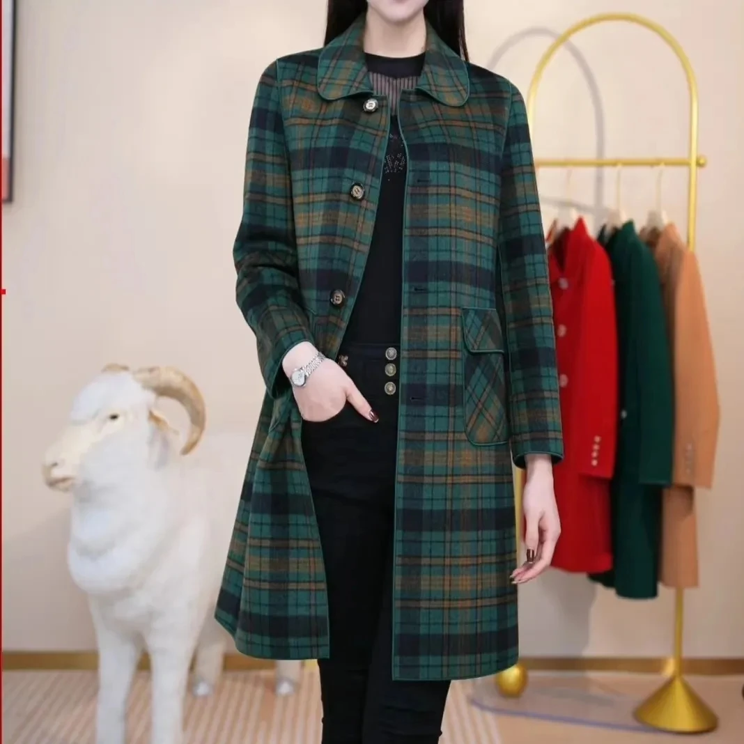 Long Women Double Sided Cashmere Woolen Coat Autumn Winter Middle Aged Mother Both Sides Wear Plaid Wool Jacket Windbreaker 5XL