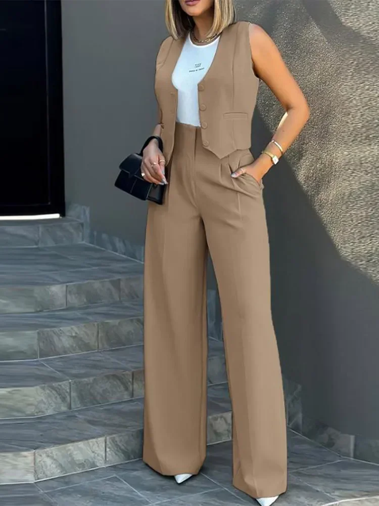 Stylish Women Commuting Vest Tops High Waist Wide Leg Pants 2024 Spring Autumn V Neck Sleeveless Button Regular Work Pants Set