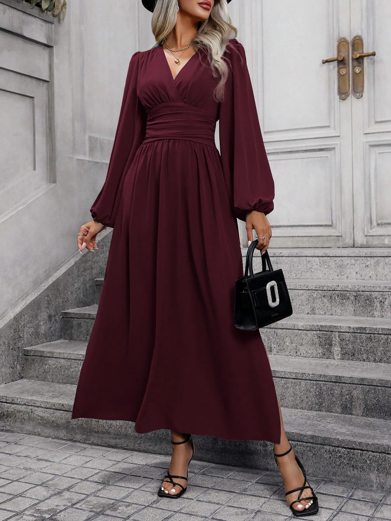 Französisches Retro-Kleid mit Laternenärmeln und Schlitz für Damen, Winter 2025, Strick-Bodycon-Maxikleid – Detail 33