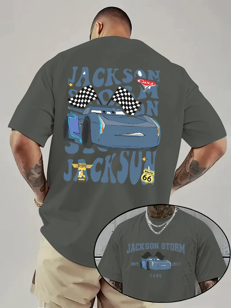 أنيمي سيارة فيلم البرق ماكوين تي شيرت مطبوع الرجال النساء جاكسون العاصفة سباق مضحك تصميم حفلة عيد ميلاد الصيف المحملة القمم