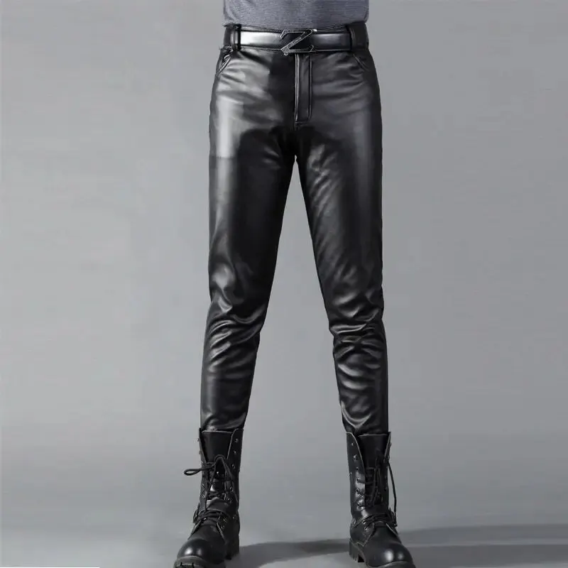 Men's Leather Pants Skinny Fit Elastic Fashion PU Leather Biker's Trousers Nightclub Party & Dance Pants Thin