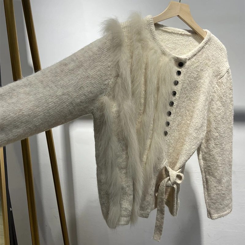 เสื้อสเวตเตอร์ขนสุนัขจิ้งจอกแท้ ดีไซน์พิเศษสำหรับผู้หญิง ฤดูใบไม้ร่วง 2025 เสื้อแจ็คเก็ตขนสัตว์ถักนิตติ้ง ฤดูใบไม้ผลิ ขนสัตว์แท้