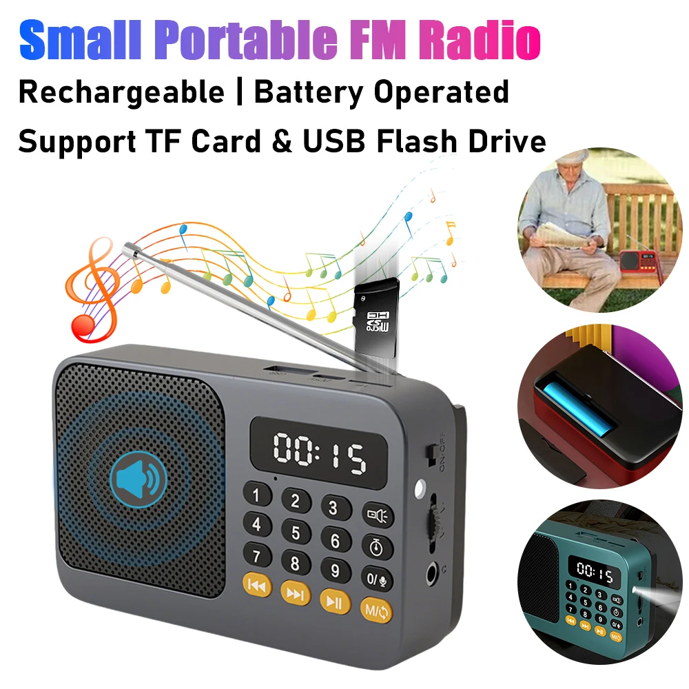 Rechargeable Portable FM Radio Mini Bluetooth Wireless Speaker Support USB TF Card MP3 Music Player with LED FM Radio Receiver ﻿