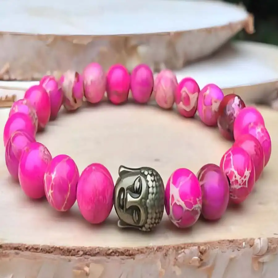 

Natural pink imperial jasper gemstone beaded Mala bracelet Gift Hand Yoga Spiritual Bead Japa elastic Women Buddhist Gemstone