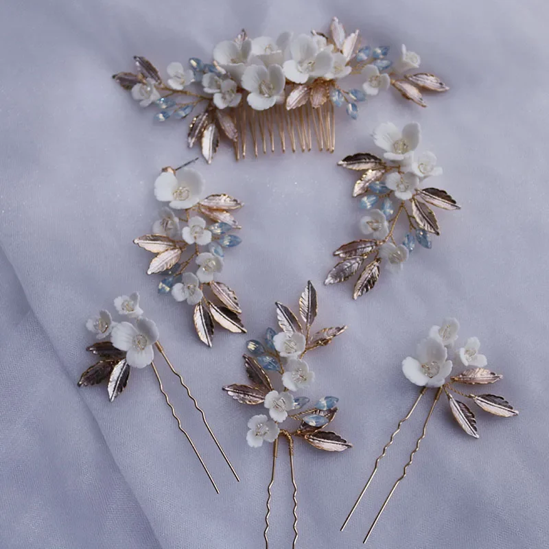 Hair Comb Bridal Pins Ceramic Flower Wedding Headpiece Gold Color Leaf  Women Hairpiece With Earrings