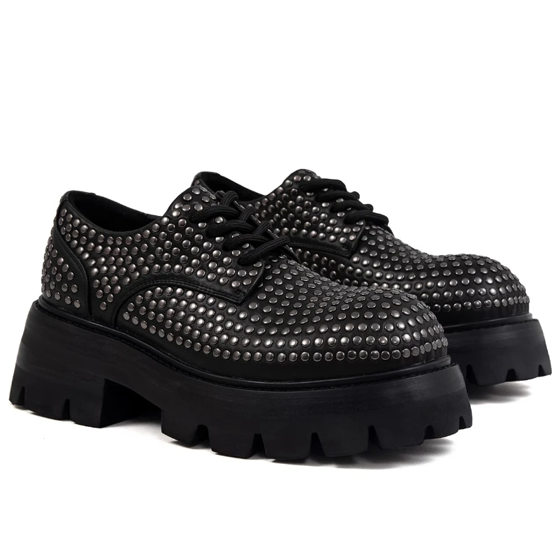 Silver Rivet Wide Version Derby Shoes Men's European Style Genuine Leather Breathable Casual Thick Soled Height-increasing Shoes