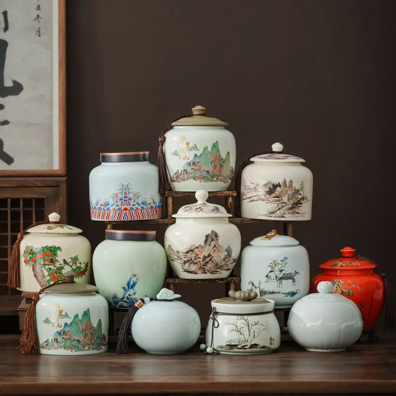 Caddy de té de cerámica con patrón de paisaje de montaña Vintage, tuerca con sello de humedad, tarro de almacenamiento de dulces, botella de almacenamiento de cerámica para tinta, decoración artística