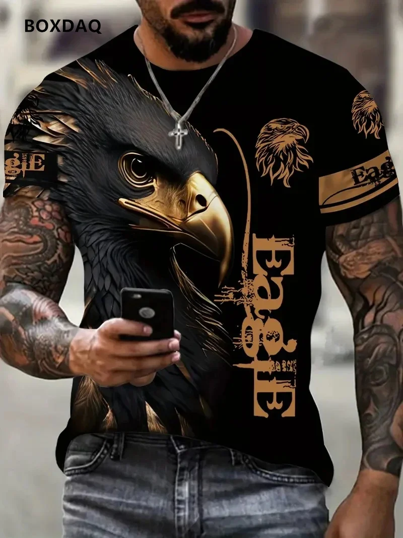 Tops casuais com decote em o solto masculino, impressão animal 3D, camiseta de rua, manga curta, tamanho grande, camiseta respirável, moda águia, 6XL