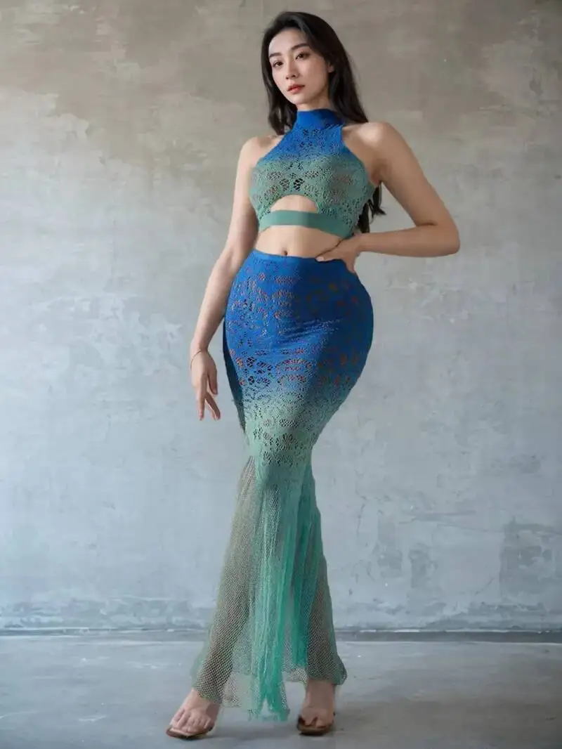 

Синие топы на бретелях, сексуальные градиентные цвета, выдолбленные юбки из двух предметов, комплект с длинной сетчатой кружевной прозрачной горячей сексуальной женской юбки, комплект 2025, новый WPV8