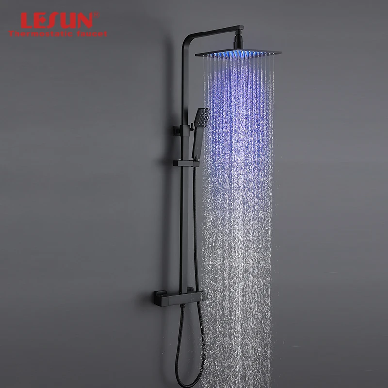 

LESUN Modern Black Ceiling Mounted Led Shower Head Low Power Water Saving Rain Waterfall Shower Head With Single Handle Set