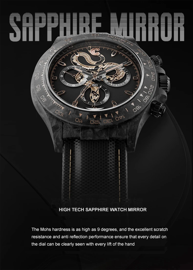 

CRONUSART Мужские часы с хронографом 40 мм Военные автоматические механические наручные часы Корпус из углеродного волокна Светящийся змеиный циферблат