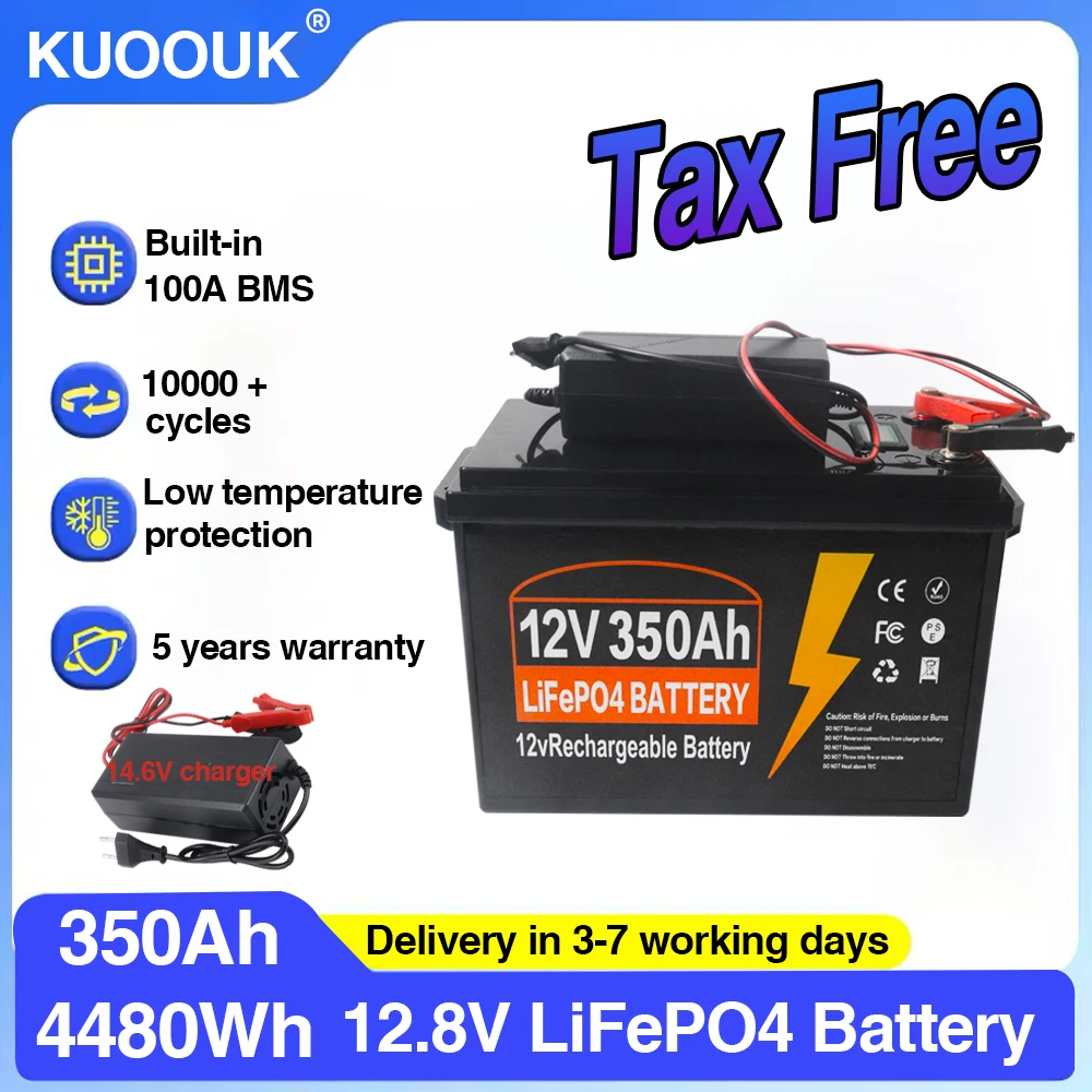 Image of Kuoouk 12V 350Ah LiFePO4 Lithium-Batteriepack mit 100A BMS für Energiespeicherung und Tiefzyklusbetrieb in Off-Grid-Wohnmobilen, Solarsystemen, Wohnmobilen und Booten