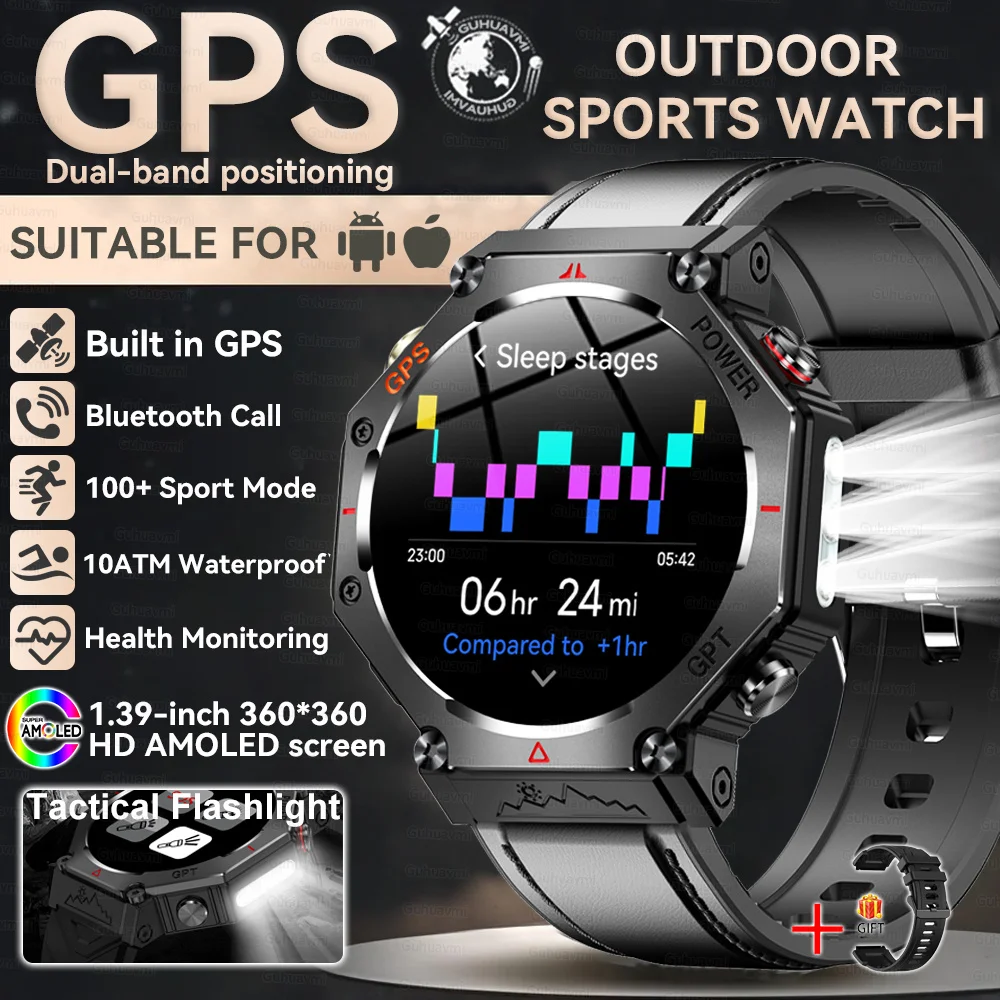 2026 Nieuwe Ingebouwde GPS Outdoor Smartwatch Heren Zaklamp Kompas BT-oproep Hartslagmeter 10ATM Waterdicht Sport Smartwatch 2026