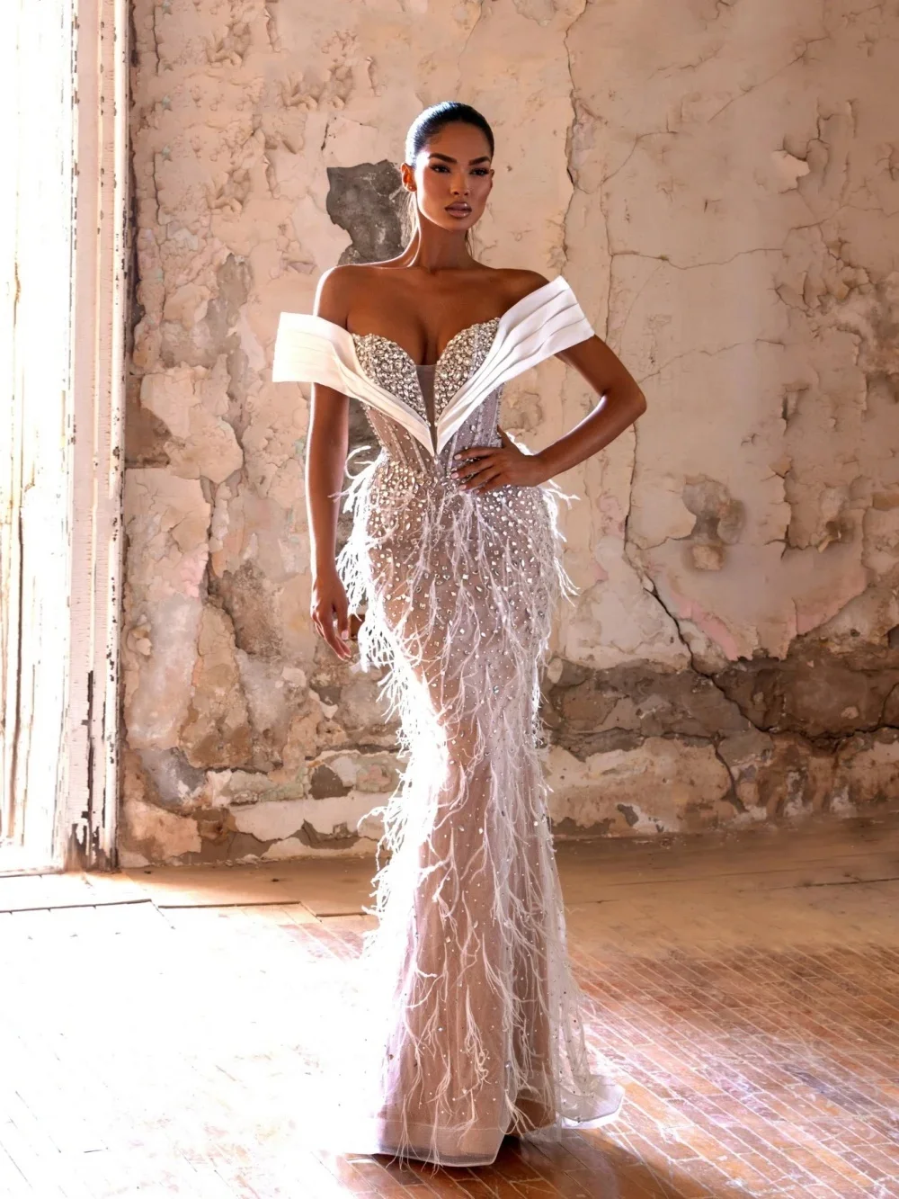 أزياء مطرز الريش حورية البحر فستان الزفاف مثير قبالة الكتف ثوب الزفاف الطابق طول PearlsBride فساتين مخصصة