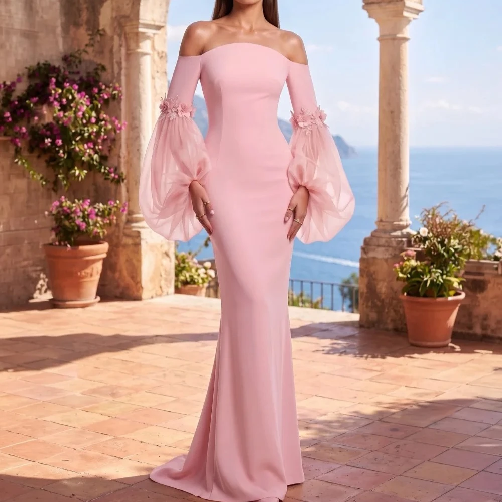 Vestidos de Noche Largos hasta el Suelo, Personalizados, Elegantes y Sensuales, en Color Rosa Jersey, Hechos a Mano con Flores y Perlas, Estilo Sirena, con Hombros Descubiertos, para Mujer